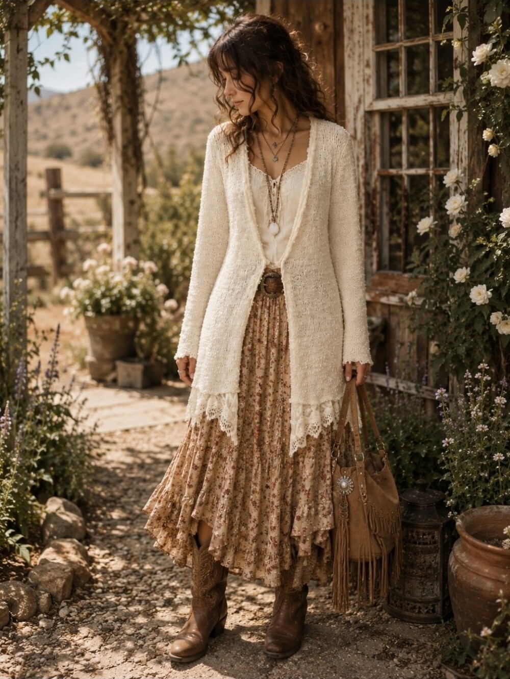 Bohemian Cream Shabby Ruffle Knit Lace  One Hook And Eye Closure Cardigan XL